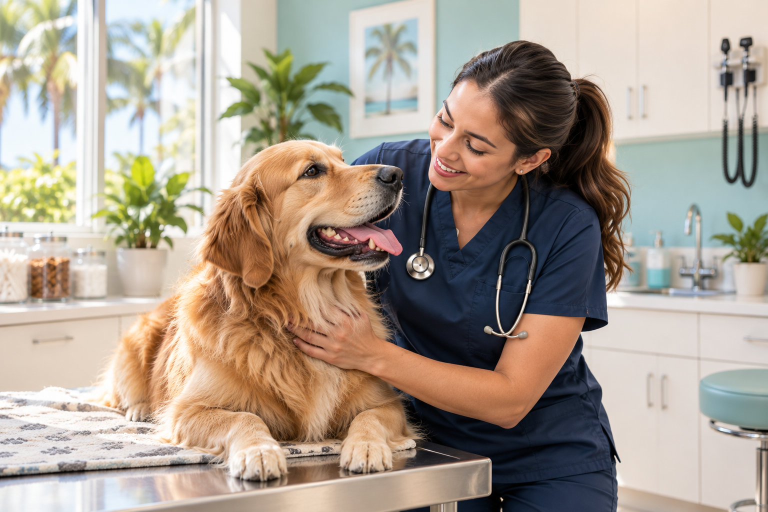 Veterinarian smiling with a golden retriever in an exam room