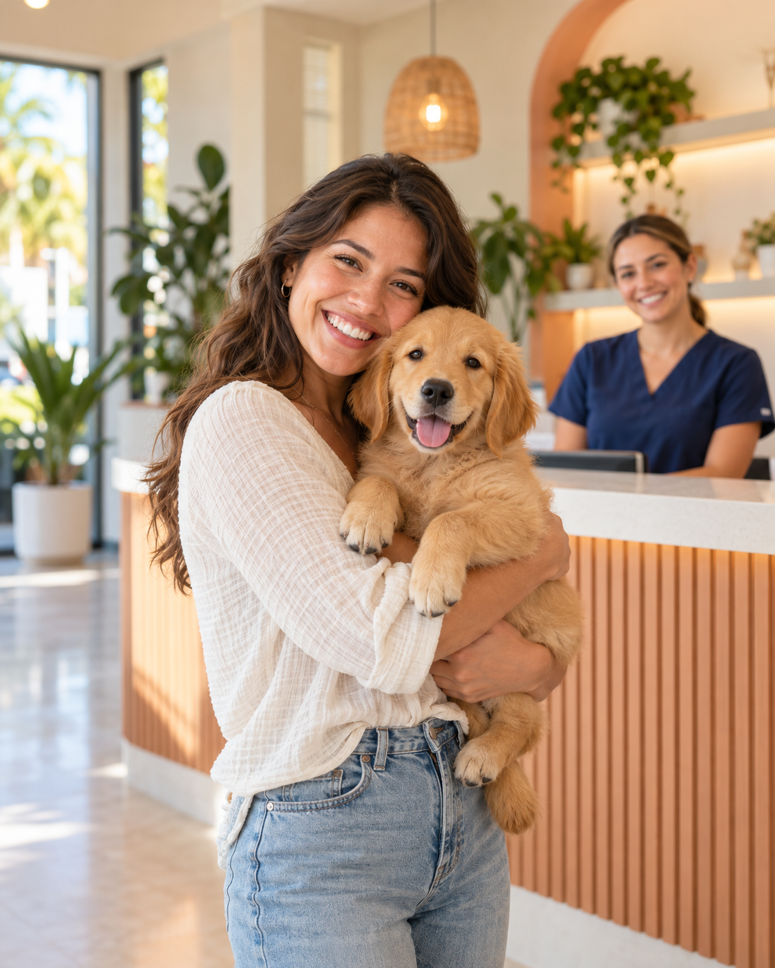 Pet owner holding her golden retriever puppy at the front desk of Kendall Animal Clinic in Kendall, FL