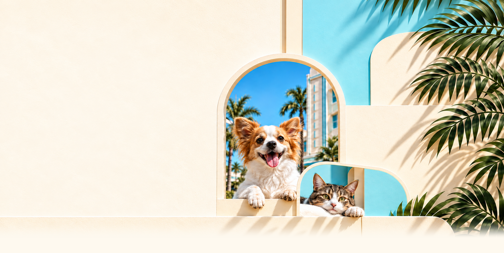 Happy dog and cat looking out of Miami Art Deco arches at Kendall Animal Clinic